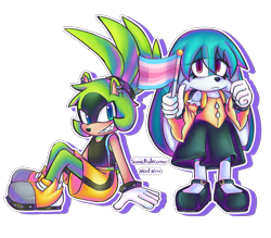Size: 1600x1400 | Tagged: safe, artist:sonicpridecorner, kit the fennec, surge the tenrec, clothes, dress, duo, eye clipping through hair, eyelashes, female, flag, frown, holding something, looking at viewer, male, outline, pride, pride flag, shorts, signature, simple background, smile, trans boy surge, trans female, trans girl kit, trans male, transfem pride, transfeminine, transgender, transmasculine, transparent background