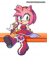 Size: 1356x1689 | Tagged: safe, artist:amipiyoart, artist:star-vanguard, amy rose, 2025, cute, female, food, holding something, ice cream, looking at viewer, signature, simple background, sitting, smile, solo, tongue out, white background