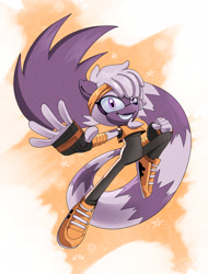 Size: 2048x2698 | Tagged: safe, artist:buddyhyped, tangle the lemur, 2025, abstract background, clenched fist, female, looking at viewer, mid-air, redesign, smile, solo