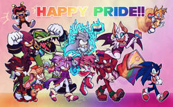 Size: 3000x1864 | Tagged: safe, artist:utter_dismae, amy rose, blaze the cat, charmy bee, cheese (chao), cream the rabbit, espio the chameleon, knuckles the echidna, miles "tails" prower, rouge the bat, shadow the hedgehog, silver the hedgehog, sonic the hedgehog, vector the crocodile, chao, 2025, ace, aromantic, aromantic pride, asexual, asexual pride, bisexual, bisexual pride, blowing a kiss, english text, everyone is here, flag, flying, frown, gay, gay pride, gradient background, group, heart, holding something, lesbian, lesbian pride, mlm pride, neutral chao, nonbinary, nonbinary pride, pansexual, pansexual pride, pride, pride flag, progress pride, psychokinesis, redraw, shy, smile, spinning tails, team chaotix, team sonic, top surgery scars, trans male, transgender, walking, wall of tags