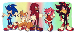 Size: 3634x1620 | Tagged: safe, artist:utter_dismae, amy rose, knuckles the echidna, miles "tails" prower, shadow the hedgehog, sonic the hedgehog, 2024, abstract background, frown, group, looking at viewer, semi-transparent background, smile, standing, team sonic, top surgery scars, trans male, transgender