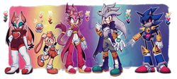 Size: 3668x1640 | Tagged: safe, artist:utter_dismae, blaze the cat, cheese (chao), cream the rabbit, metal sonic, rouge the bat, silver the hedgehog, chao, 2025, abstract background, black sclera, group, neutral chao, outline, robot, scarf, semi-transparent background, standing