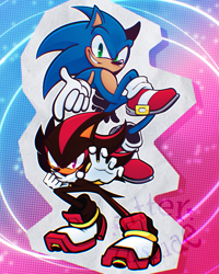 Size: 1635x2048 | Tagged: safe, artist:utter_dismae, shadow the hedgehog, sonic the hedgehog, sonic adventure 2, 2023, abstract background, duo, looking at viewer, no mouth, posing, signature, smile