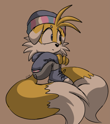 Size: 1701x1916 | Tagged: safe, artist:gay4gothgirls, miles "tails" prower, 2025, beanbrows, beanie, beige background, blue shoes, clothes, eyelashes, frown, gloves off, hoodie, looking offscreen, mobius.social exclusive, pants, signature, simple background, sitting, solo, trans female, trans girl tails, transgender