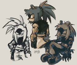 Size: 2048x1724 | Tagged: safe, artist:lazydayslivin, surge the tenrec, 2025, frown, grey background, hair down, looking at viewer, looking back, looking back at viewer, looking offscreen, signature, simple background, sitting, smile, solo, standing