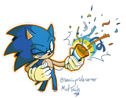 Size: 1115x874 | Tagged: safe, artist:sonicpridecorner, sonic the hedgehog, 2025, aro ace pride, confetti, holding something, looking at viewer, outline, party popper, pride, signature, simple background, smile, solo, standing, transparent background, wink
