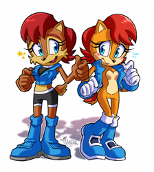 Size: 2390x2663 | Tagged: safe, artist:slliphylla, sally acorn, chipmunk, duo, female, outfit swap, sally's ringblader outfit, sally's vest and boots, self paradox