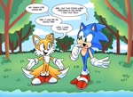Size: 2024x1465 | Tagged: safe, artist:melodyclerenes, miles "tails" prower, sonic the hedgehog, abstract background, duo, scene interpretation, sonic the comic