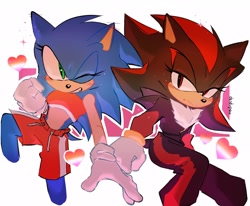 Size: 2048x1691 | Tagged: safe, artist:deadvpoo, shadow the hedgehog, sonic the hedgehog, hedgehog, 2025, duo, female, frown, gender swap, heart, lesbian, lesbian pride, pride, r63 shipping, shadow x sonic, shipping, smile