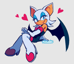 Size: 719x620 | Tagged: safe, artist:minwabu, rouge the bat, bat, 2025, blushing, female, grey background, heart, looking at viewer, signature, simple background, sitting, smile, solo