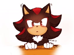 Size: 2048x1536 | Tagged: safe, artist:rindo_sy, shadow the hedgehog, hedgehog, 2025, blushing, cute, male, mouth open, open mouth, shadowbetes, signature, simple background, solo, white background