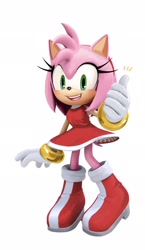 Size: 1188x2048 | Tagged: safe, artist:hanibananeez, amy rose, hedgehog, 2025, blushing, female, lineless, looking at viewer, open smile, redraw, simple background, smile, solo, sonic blitz, standing, thumbs up, white background