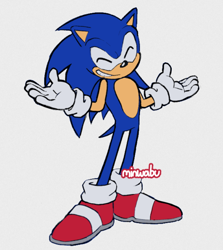 Size: 696x781 | Tagged: safe, artist:minwabu, sonic the hedgehog, hedgehog, 2025, clenched teeth, flat colors, male, shrugging, signature, simple background, smile, solo, standing, white background