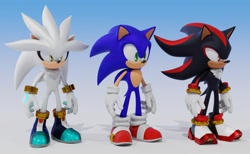 Size: 2048x1265 | Tagged: safe, artist:ladylunanova, shadow the hedgehog, silver the hedgehog, sonic the hedgehog, hedgehog, 2025, 3d, frown, gradient background, looking offscreen, male, smile, standing, trio