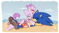 Size: 2048x1149 | Tagged: safe, artist:milkchaotea, blaze the cat, sonic the hedgehog, cat, hedgehog, beach, duo, eyes closed, looking at viewer, shipping, sonaze, straight