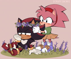Size: 1991x1661 | Tagged: safe, artist:scruffiberri, amy rose, shadow the hedgehog, hedgehog, classic amy, cute, duo, female, flower, male