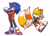 Size: 1100x800 | Tagged: safe, artist:discommunicator, miles "tails" prower, sonic the hedgehog, fox, hedgehog, 2025, clothes, duo, goggles, goggles around neck, jacket, lab coat, looking at viewer, male, open jacket, overalls, shorts, smile, standing, stretching, tongue out, v sign, wink, zip