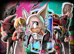 Size: 900x650 | Tagged: safe, artist:glitcher, e-123 omega, hope kintobor, rouge the bat, shadow the hedgehog, abstract background, g.u.n. commander, group