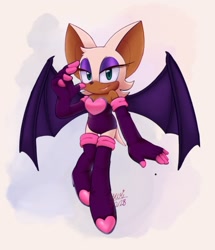 Size: 720x839 | Tagged: safe, artist:sonilver-yuri, rouge the bat, 2025, abstract background, looking at viewer, signature, smile, solo