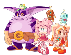 Size: 1800x1400 | Tagged: safe, artist:zoiby, amy rose, big the cat, cheese (chao), chocola (chao), cream the rabbit, froggy, chao, 2016, cute, flying, group, looking at viewer, neutral chao, signature, smile, standing, team rose, wink, yellow sclera