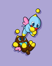 Size: 600x750 | Tagged: safe, artist:rahkshichao, cheese (chao), chocola (chao), chao, 2018, cheeseabetes, chocolabetes, cute, duo, flying, mouth open, neutral chao, open smile, playing, purple background, signature, simple background, smile