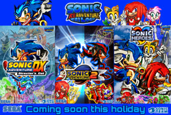 Size: 3464x2344 | Tagged: safe, artist:wilduda, amy rose, big the cat, chaos, charmy bee, cheese (chao), cream the rabbit, e-102 gamma, e-123 omega, espio the chameleon, knuckles the echidna, miles "tails" prower, robotnik, rouge the bat, shadow the hedgehog, sonic the hedgehog, tikal, vector the crocodile, chao, human, sonic adventure, sonic adventure 2, sonic heroes, 2022, blue background, dark chao, english text, group, hero chao, neutral chao, outline, redraw, scarf, simple background, sonic readventure trilogy, team chaotix, team dark, team rose, team sonic, teaser