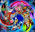 Size: 3172x2922 | Tagged: safe, artist:wilduda, amy rose, big the cat, chaos, e-102 gamma, flicky, froggy, knuckles the echidna, miles "tails" prower, robotnik, sonic the hedgehog, human, sonic adventure, 2023, abstract background, fishing pole, group, lily, outline, robot, sega logo, sonic adventure dx, white outline