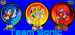 Size: 3316x1571 | Tagged: safe, artist:wilduda, knuckles the echidna, miles "tails" prower, sonic the hedgehog, sonic heroes, 2022, blue background, frown, goggles, looking at viewer, outline, scarf, simple background, smile, sonic readventure trilogy, standing, team sonic, trio