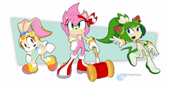 Size: 4800x2400 | Tagged: safe, artist:cartoonicus, amy rose, cosmo the seedrian, cream the rabbit, hedgehog, rabbit, amy the hedgehog, anthro, anthrosdon'tneedclothes, bunny, cute, dressedliketheguys, girls, no clothes, no need for clothes, plant girl, redesign, rose, sedrian, sonic x, team rose, uncloth, unclothed, unclothed amy