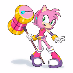 Size: 3000x3000 | Tagged: safe, amy rose, rosy the rascal, hedgehog, amy the hedgehog, anthro, anthrosdon'tneedclothes, clothes not needed, cute, dressed like the guys, girl, half dressed cartoon animal, halfdressedcartoonanimal, hammer, innocent, no pants, outfit swap, pantless, piku piku hammer, redesign