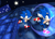 Size: 729x523 | Tagged: safe, artist:dbzbabe, sonic the hedgehog, hedgehog, 2011, abstract background, building, classic sonic, classic sonic (universe), duo, male, modern sonic, nighttime, outdoors, running, self paradox, sonic generations, speed highway, star (sky)