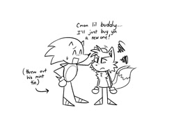 Size: 1200x900 | Tagged: safe, artist:bunny0rgans, miles "tails" prower, sonic the hedgehog, 2022, angry, crying, dialogue, duo, english text, eyes closed, frown, hand on hip, headpats, line art, looking at them, monochrome, redraw, simple background, sonic vs tails! friends no more, standing, stick figure, sweatdrop, tears, tears of anger, white background