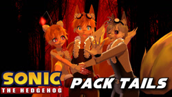 Size: 1192x670 | Tagged: safe, artist:nerey006, miles "tails" prower, tails doll, oc, oc:tails.exe, human, 3d, black sclera, blood, humanized, mmd, partially humanized, self paradox, trio