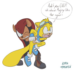 Size: 1500x1439 | Tagged: safe, artist:astra-terrapin, mighty the armadillo, ray the flying squirrel, armadillo, flying squirrel, squirrel, 2025, clenched teeth, dialogue, duo, english text, flat colors, holding them, looking at them, looking offscreen, male, mouth open, one eye closed, signature, simple background, standing, white background