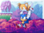 Size: 1300x1000 | Tagged: safe, artist:parfaitcookiestan67, miles "tails" prower, sonic the hedgehog, sonic mania, 2025, abstract background, classic sonic, classic sonic (universe), classic tails, cute, duo, flying, holding hands, holding them, looking offscreen, mid-air, press garden zone, smile, spinning tails