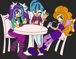 Size: 1842x1422 | Tagged: safe, artist:junethefirecat, 2014, adagio dazzle (mlp), aria blaze, barely sonic related, base used, chair, crossover, cup, drink, drinking, flat colors, grey background, leaning back, looking at viewer, mobianified, my little pony, my little pony: rainbow rocks, simple background, sitting, smile, sonata dusk, straw, table, the dazzlings, trio, unknown species, waving, wink