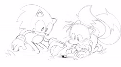 Size: 2047x1139 | Tagged: safe, artist:speedperfected, miles "tails" prower, sonic the hedgehog, beetle, 2025, all fours, bug, classic sonic, classic tails, duo, kneeling, ladybug, line art, literal animal, looking at something, monochrome, mouth open, open smile, simple background, smile, white background