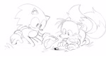 Size: 2047x1139 | Tagged: safe, artist:speedperfected, miles "tails" prower, sonic the hedgehog, beetle, 2025, all fours, bug, classic sonic, classic tails, duo, kneeling, ladybug, line art, literal animal, looking at something, monochrome, mouth open, open smile, simple background, smile, white background