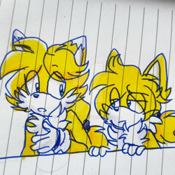 Size: 1024x1024 | Tagged: safe, artist:tairusuku, miles "tails" prower, 2017, adult, aged up, duo, eye clipping through hair, eyebrow clipping through hair, frown, lidded eyes, lined paper, looking at each other, mouth open, older, ponytail, self paradox, teenager, traditional media