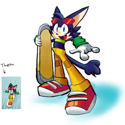 Size: 1492x1500 | Tagged: safe, artist:bennascar2, clothes, crop top, extreme gear, female, holding something, idw background rider, looking at viewer, one fang, pants, reference inset, riders outfit, simple background, smile, solo, standing, sunglasses, white background