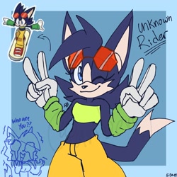 Size: 2000x2000 | Tagged: safe, artist:_ariberry_98, 2024, arm warmers, blue background, border, clothes, crop top, dialogue, double v sign, english text, female, flat colors, idw background rider, looking at viewer, pants, reference inset, riders outfit, signature, simple background, smile, solo, standing, sunglasses, v sign, wink