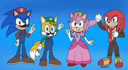 Size: 4230x2310 | Tagged: safe, artist:lunarozza, amy rose, knuckles the echidna, miles "tails" prower, sonic the hedgehog, echidna, fox, hedgehog, cosplay, crossover, donkey kong, group, luigi, male, mario, princess peach, quartet