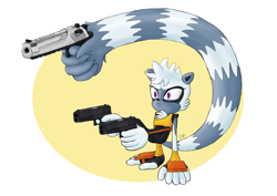 Size: 2480x1754 | Tagged: safe, artist:petr0000001, tangle the lemur, lemur, 2025, female, foot hold, gun, pistol, solo, tail hand, tail hold