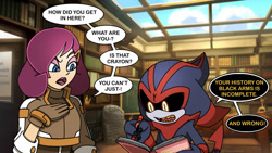 Size: 1280x720 | Tagged: safe, artist:firestormfoxcinder, eclipse the darkling, human, abstract background, black sclera, dialogue, duo, english text, professor victoria, speech bubble