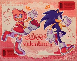 Size: 2048x1647 | Tagged: safe, artist:vesperiian, amy rose, sonic the hedgehog, hedgehog, amy x sonic, bar code, blushing, bouquet, couple, duo, female, flower, male, one eye closed, paper, rose, shipping, straight, ticket, valentine's day