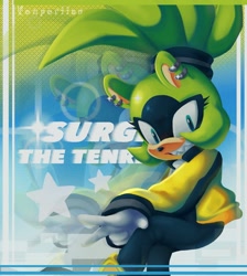 Size: 1838x2048 | Tagged: safe, artist:vesperiian, surge the tenrec, tenrec, abstract background, alternate outfit, character name, female, grin, grinning, missing limb, solo, star (symbol), text