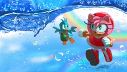 Size: 2560x1440 | Tagged: safe, artist:lemonade-pop, amy rose, flicky, bird, hedgehog, sonic adventure, bubbles, duo, female, lily, ocean, open mouth, rainbow, water