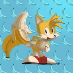Size: 1983x1983 | Tagged: safe, artist:lemonade-pop, miles "tails" prower, fox, abstract background, banana, fruit, fusion, hands on hips, male, open mouth, solo