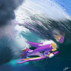 Size: 2010x2010 | Tagged: safe, artist:lemonade-pop, wave the swallow, swallow, abstract background, bubbles, extreme gear, female, ocean, reflection, solo, surfing, underwater, water, water reflection, waves