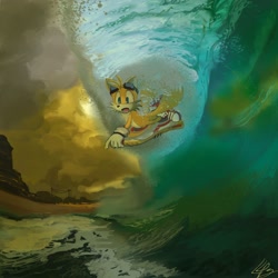 Size: 2500x2500 | Tagged: safe, artist:lemonade-pop, miles "tails" prower, fox, abstract background, beach, cloud, clouds, extreme gear, male, mountain, ocean, powerlines, sand, solo, surfing, water, waves